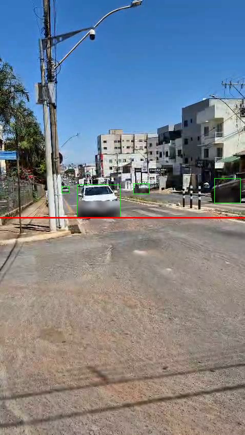 quadro real extraído de vídeo gravado em Patos de Minas, poste com câmera dome e carro branco com caixa de detecção